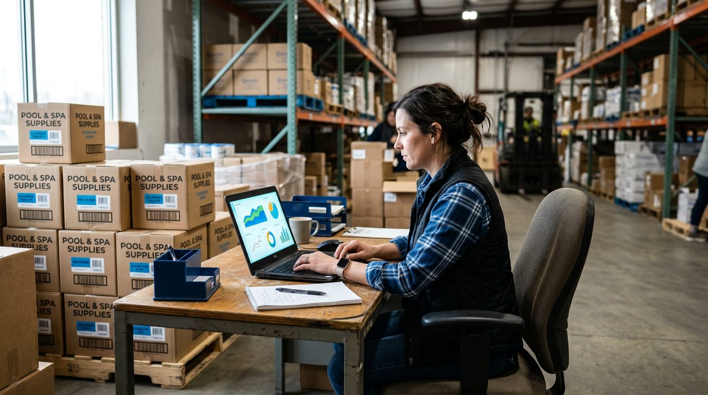 Pool supply reseller reviewing competitor pricing dashboard on a laptop in a warehouse office